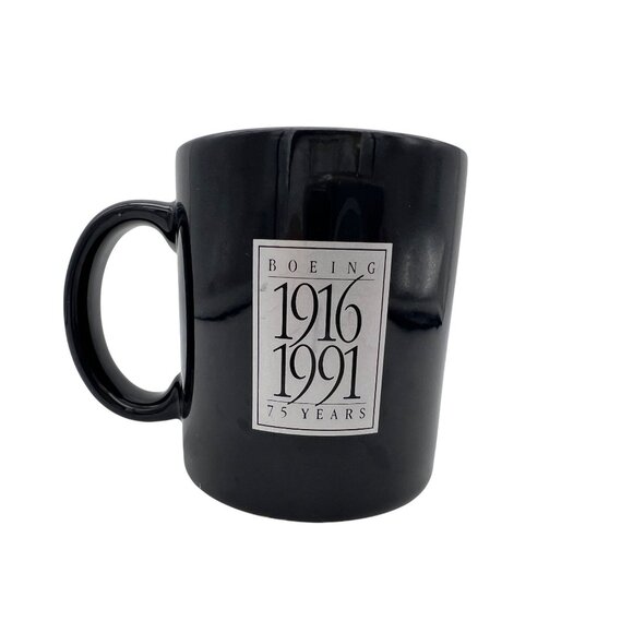 Boeing 1916-1991 75 Years Black Ceramic Mug 3.75" Aero Aviation Logo Vintage Cup - Picture 2 of 6